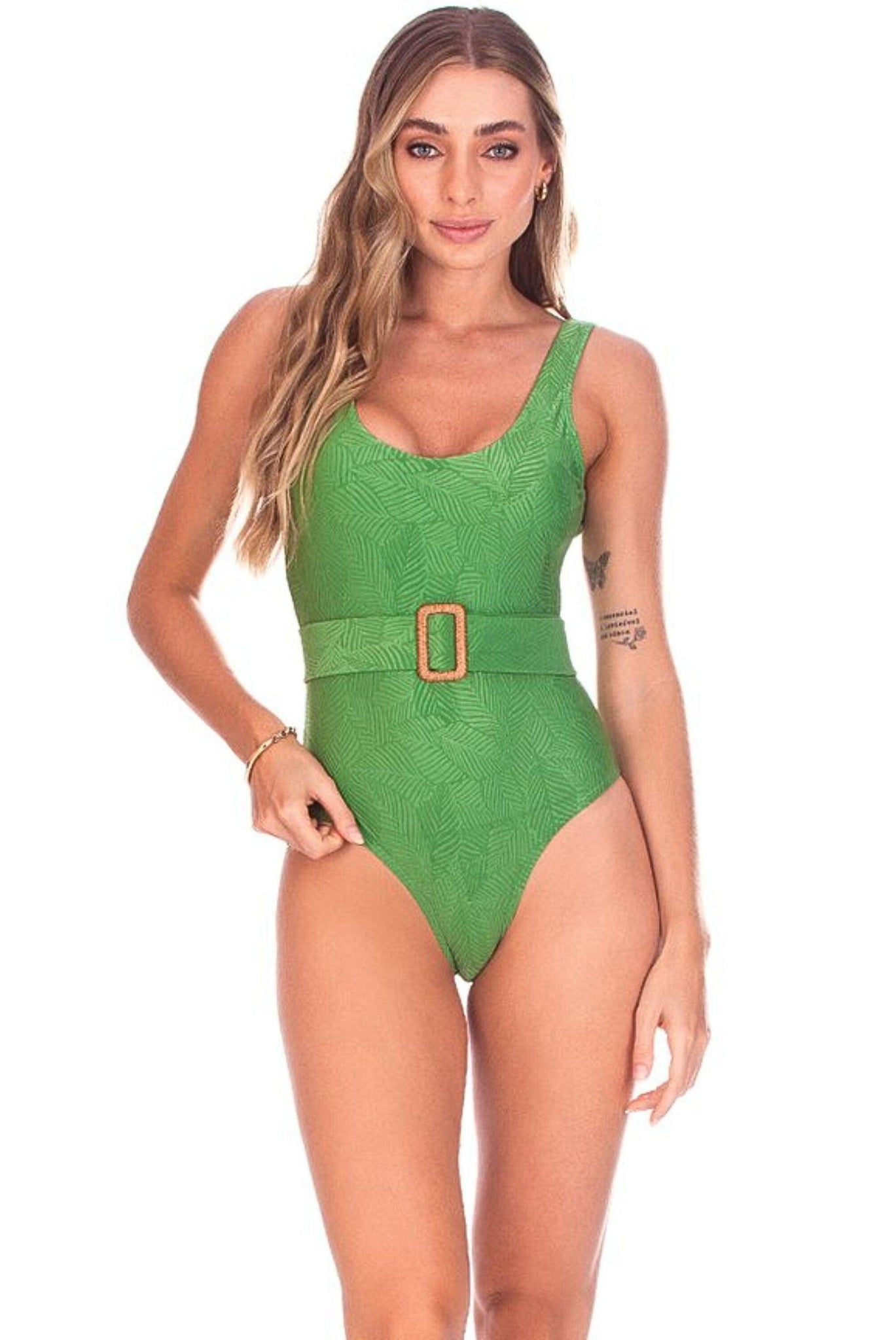 Green Buckle Belted One Piece Swimsuit